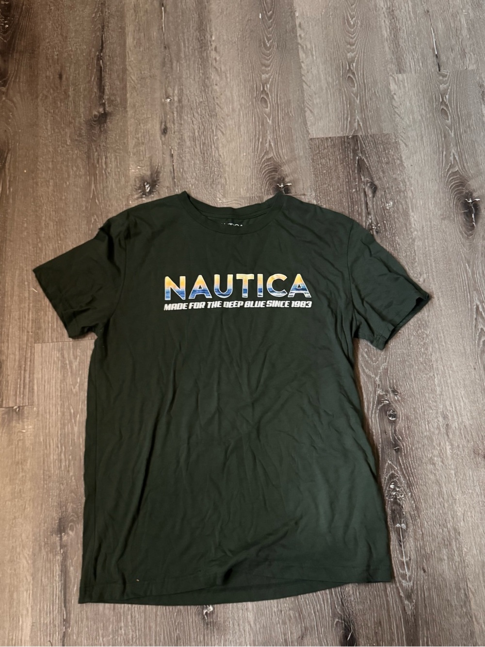 Nautica Dark Green Short-Sleeve Logo Tee with Yellow & Blue Accent